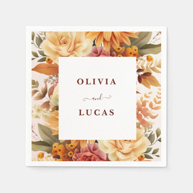 Elegant Orange Flower Frame Wedding Party Napkins (Front)