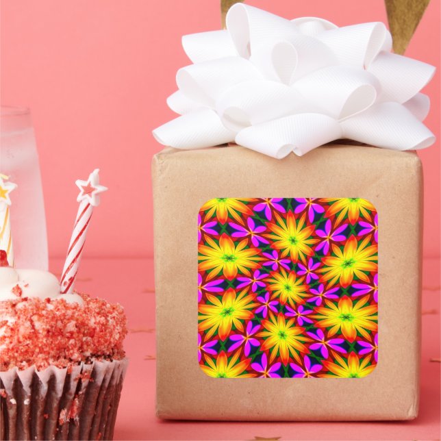 Elegant Orange Flower Pattern Square Sticker (Party)