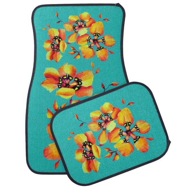 Elegant Orange Flowers - Aqua- Customize your Own Car Floor Mat (Set)