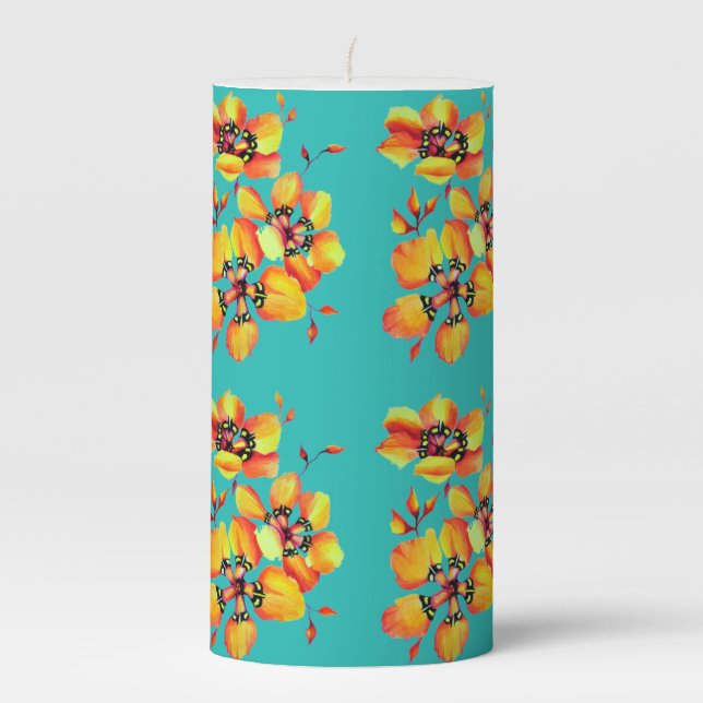 Elegant Orange Flowers - Aqua Pillar Candle (Front)