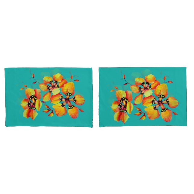 Elegant Orange Flowers - Aqua Pillow Case (Front-Set)