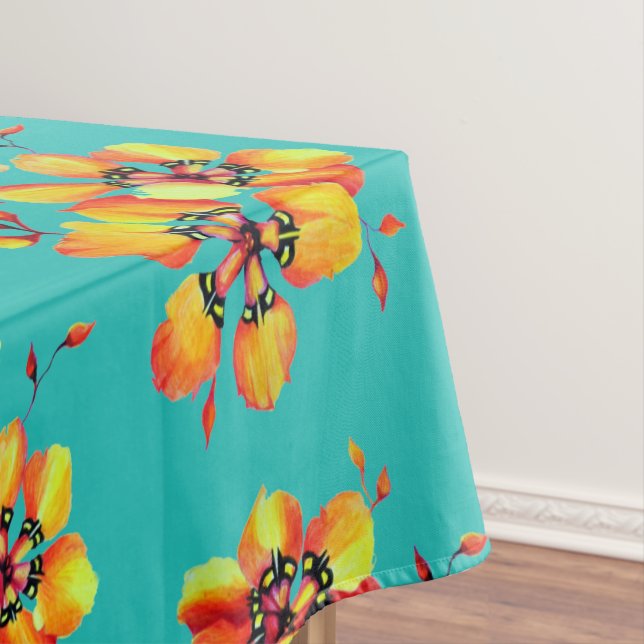 Elegant Orange Flowers - Aqua Tablecloth (In Situ)