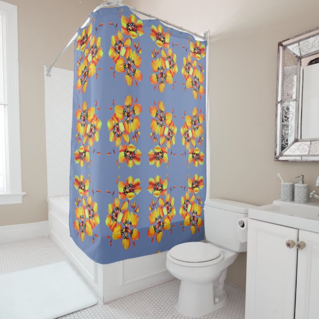 Elegant Orange Flowers - Blue Grey Shower Curtain (In Situ)