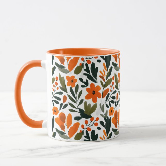 Elegant Orange Flowers Spring Botanical Pattern  Mug (Left)