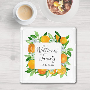 Elegant Orange Fruits and Flowers Summer Floral Acrylic Tray