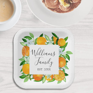 Elegant Orange Fruits and Flowers Summer Floral Paper Plates