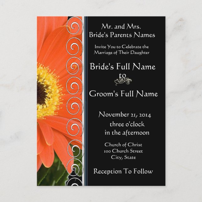 Elegant Orange Gerber Daisy Wedding Invitation Postcard (Front)