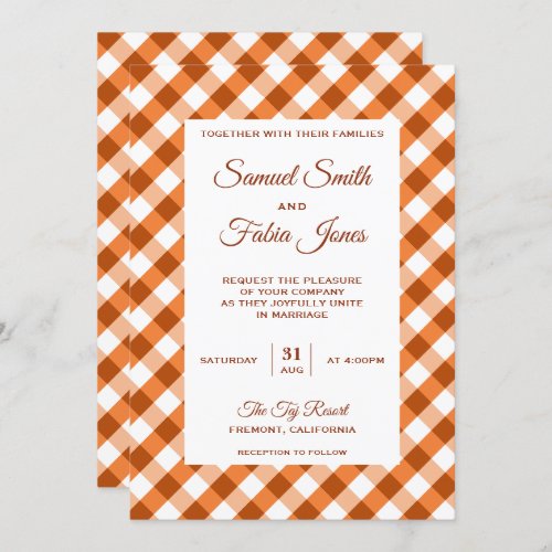 Elegant Orange Gingham Pattern Wedding Invitation