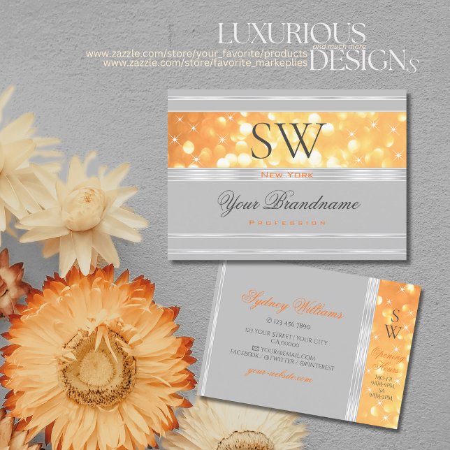 Elegant Orange Glitter Monogram Gray Silver Border Business Card (Creator Uploaded)