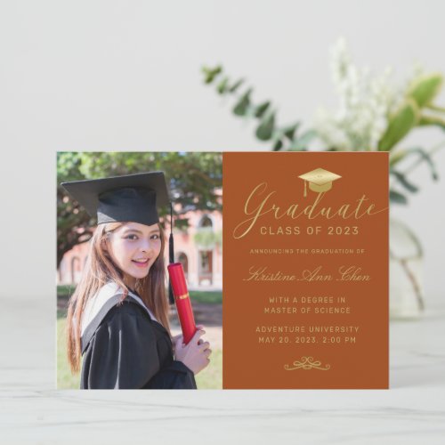 Elegant Orange Gold Formal Script Photo Graduation Announcement