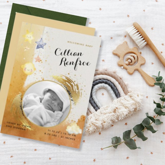 Elegant Orange Gold Glitter New Baby Announcement (Creator Uploaded)