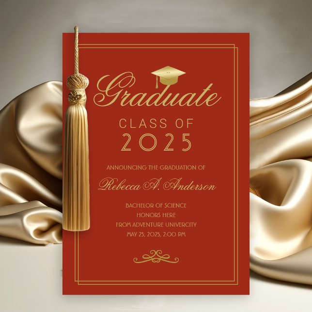 Elegant Orange Gold Grad Cap College Graduation Announcement (Orange and Gold College Graduation Announcement)