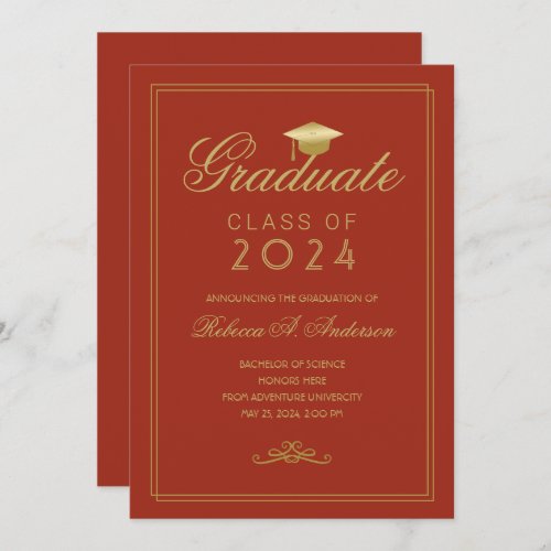 Elegant Orange Gold Grad Cap College Graduation Announcement