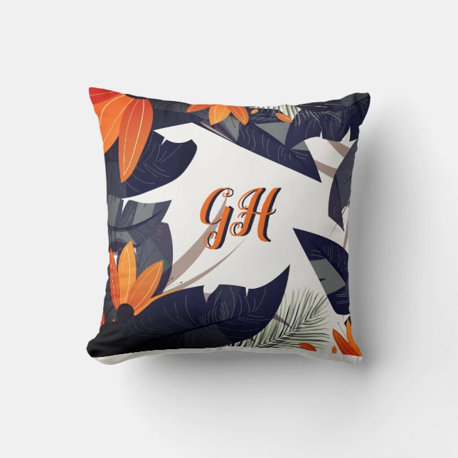 Elegant Orange Gray Foliage Leaves Throw Pillow (Front)