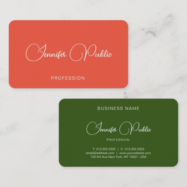 Elegant Orange & Green Calligraphy Name Template Business Card (Front/Back)