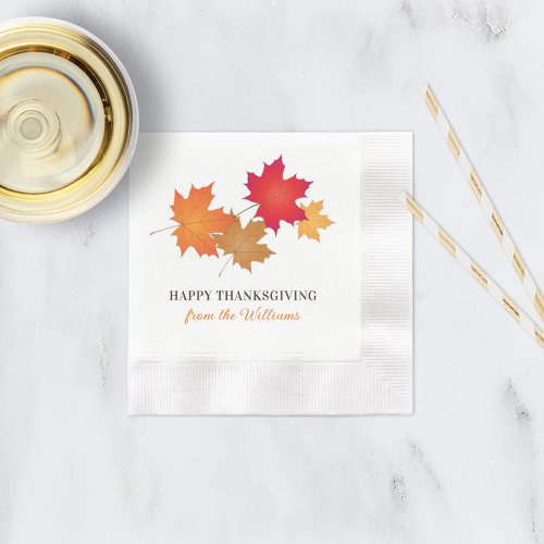 Elegant Orange Happy Thanksgiving Autumn Leaves Paper Napkins