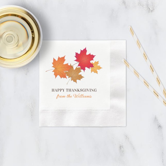 Elegant Orange Happy Thanksgiving Autumn Leaves Paper Napkins (Creator Uploaded)
