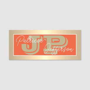 Elegant Orange Luxury Gold Monogram Name Tag