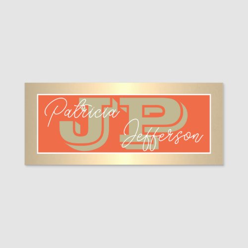 Elegant Orange Luxury Gold Monogram Professional Name Tag