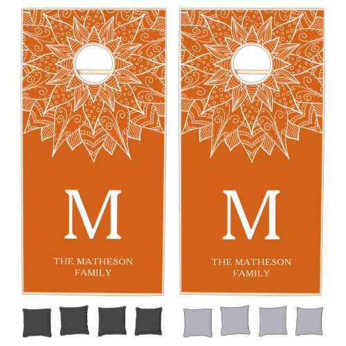 Elegant Orange Mandala Monogram Cornhole Set