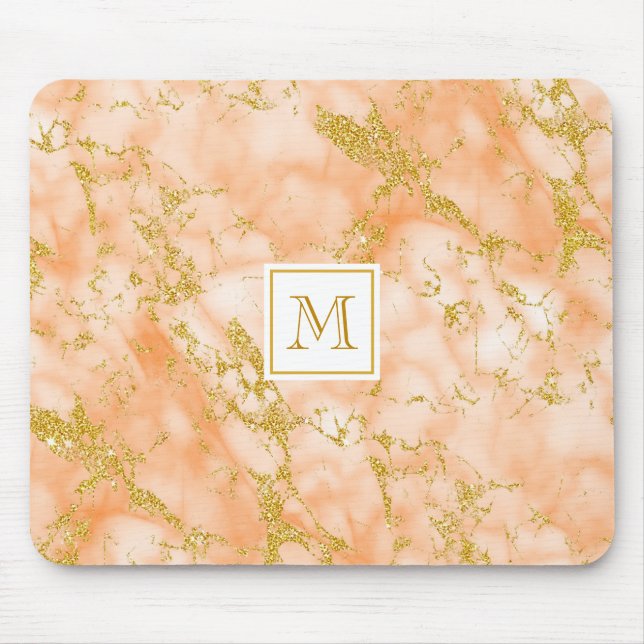 Elegant Orange Marble Monogram Faux Gold Glitter Mouse Pad (Front)