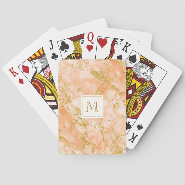 Elegant Orange Marble Monogram Faux Gold Glitter Poker Cards (Back)