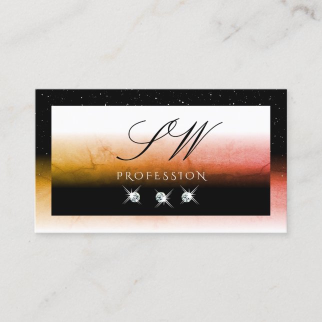 Elegant Orange Marbled Black White Initials Jewels Business Card (Front)