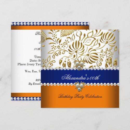 Elegant Orange Navy Blue Gold Damask Pearl Party Personalized Invites