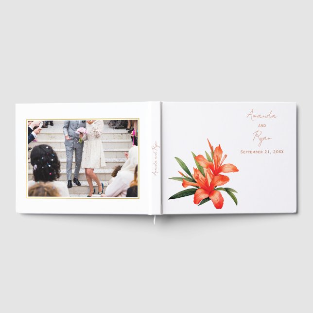 Elegant Orange Oleander Floral Wedding Photo Foil Guest Book (Full)