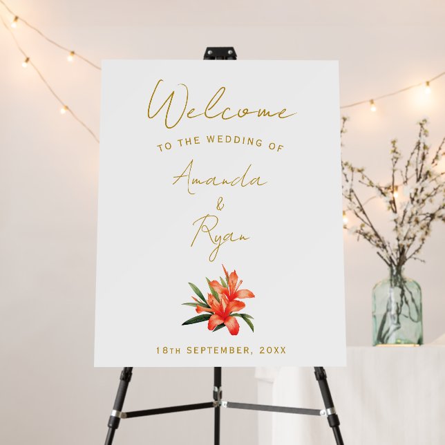 Elegant Orange Oleander Flower Wedding Welcome Foam Board (In Situ (Stand))