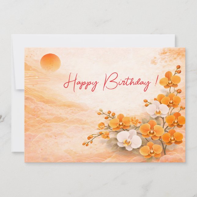 Elegant Orange Orchid Birthday Card (Front)