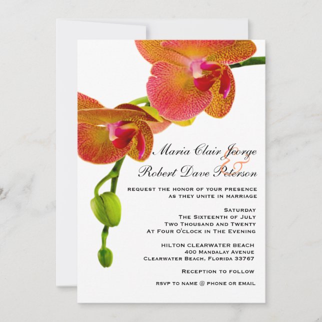 Elegant Orange Orchids Tropical Beach Wedding Invitation (Front)