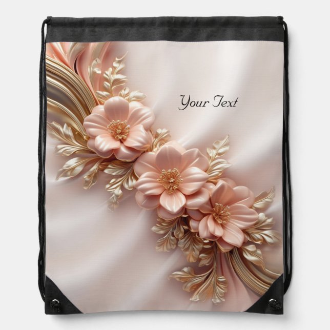 Elegant Orange Peach Floral Drawstring Backpack (Front)