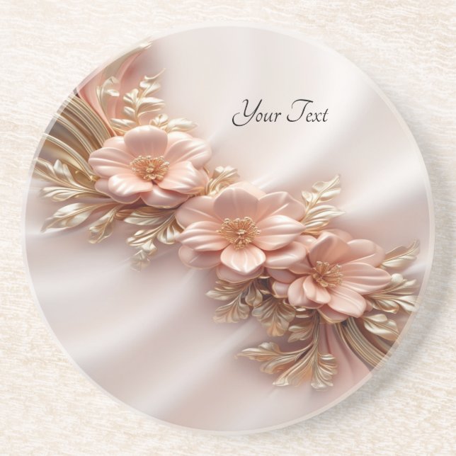 Elegant Orange Peach Floral Sandstone Coaster (Front)