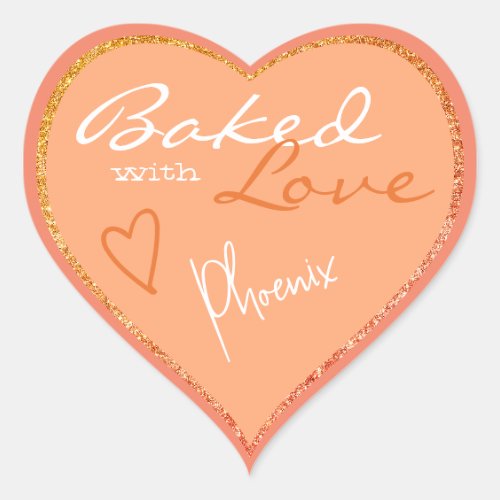 Elegant Orange Peach Glitter Baked with Love Heart Heart Sticker