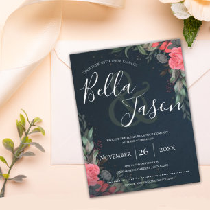 Elegant Orange Peach Gray Floral Script Wedding Invitation