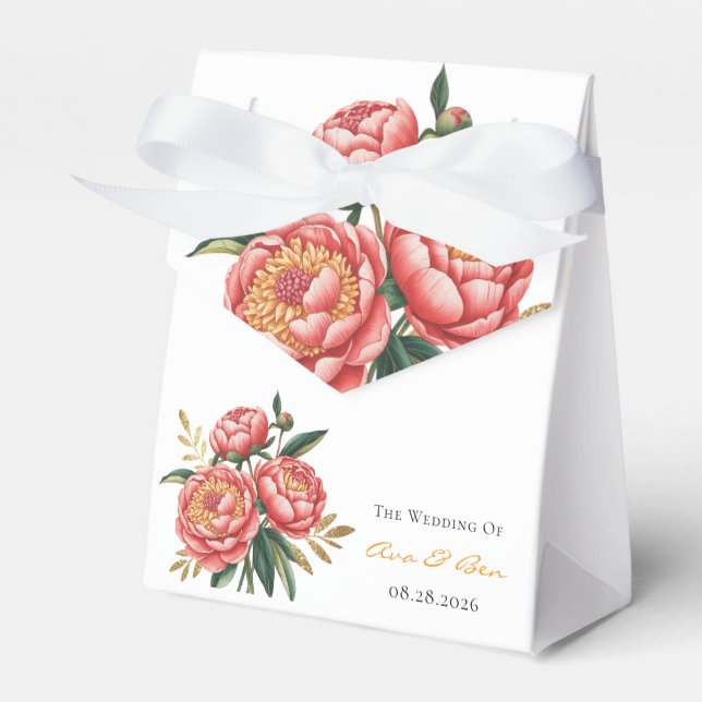 Elegant Orange Peony Bouquet Wedding Favor Boxes (Front Side)
