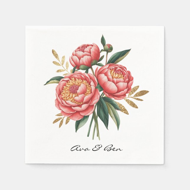 Elegant Orange Peony Bouquet Wedding Napkins (Front)