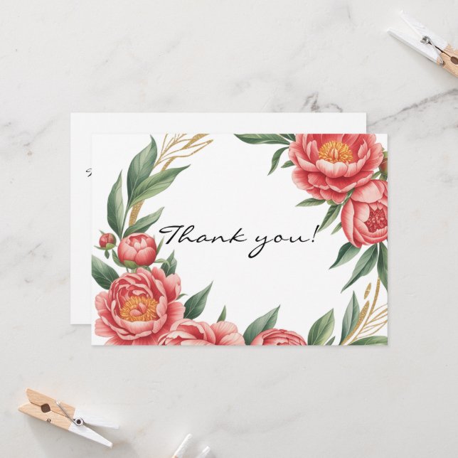 Elegant Orange Peony Paint Wedding Thank You Card (Front/Back In Situ)