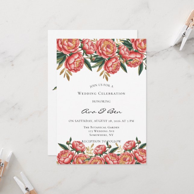 Elegant Orange Peony Painted Wedding Celebration Invitation (Front/Back In Situ)