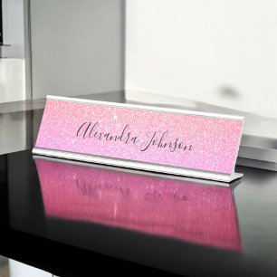 Elegant Orange Pink Glitter Sparkle Modern Desk Name Plate