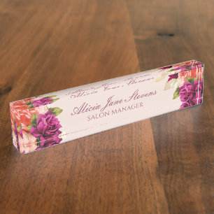 Elegant orange pink roses bouquets salon manager desk name plate