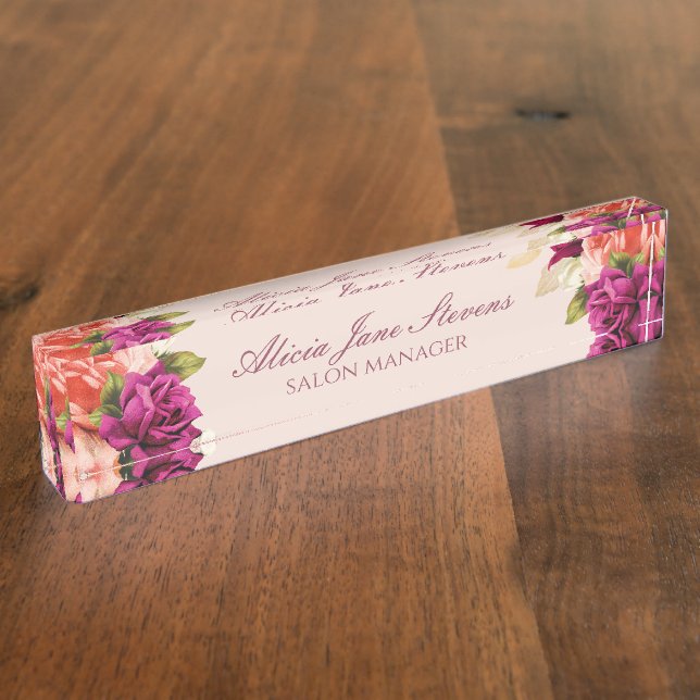 Elegant orange pink roses bouquets salon manager desk name plate (Side)