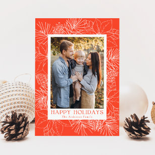 Elegant Orange Poinsettias and Pine Cones Photo Holiday Card