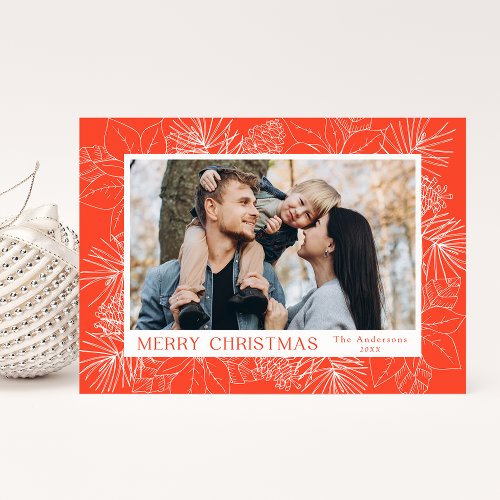 Elegant Orange Poinsettias and Pine Cones Photo Holiday Card