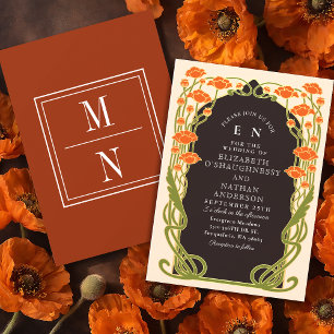 Elegant Orange Poppy Art Nouveau Floral Wedding Invitation