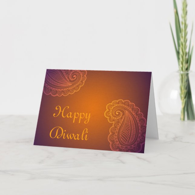 Elegant Orange Purple Paisley Happy Diwali Card (Front)