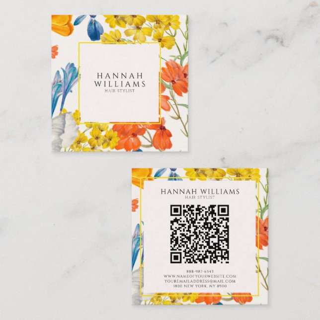 Elegant Orange QR Code Floral Pattern Modern Square Business Card (Front/Back)