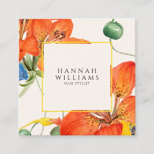 Elegant Orange QR Code Watercolor Floral  Square Business Card