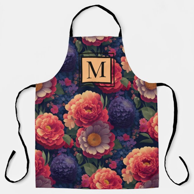 Elegant orange red floral romantic monogram  apron (Front)